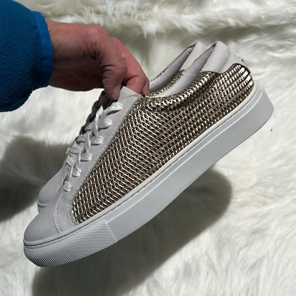 J/Slides Gold Hilton Leather‎ Platform Sneaker. Size 7.5.  B69